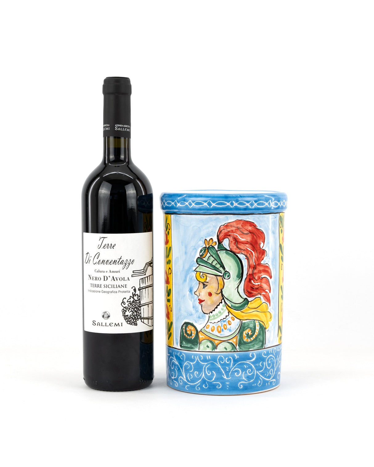 Nero d'Avola IGP e barattolo in ceramica in stile Carretto Siciliano con Angelica