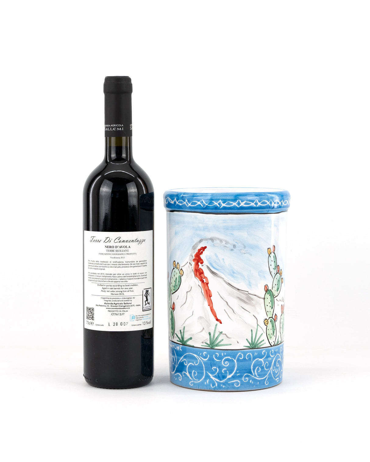 Nero d'Avola IGP e barattolo in ceramica in stile Carretto Siciliano con Angelica