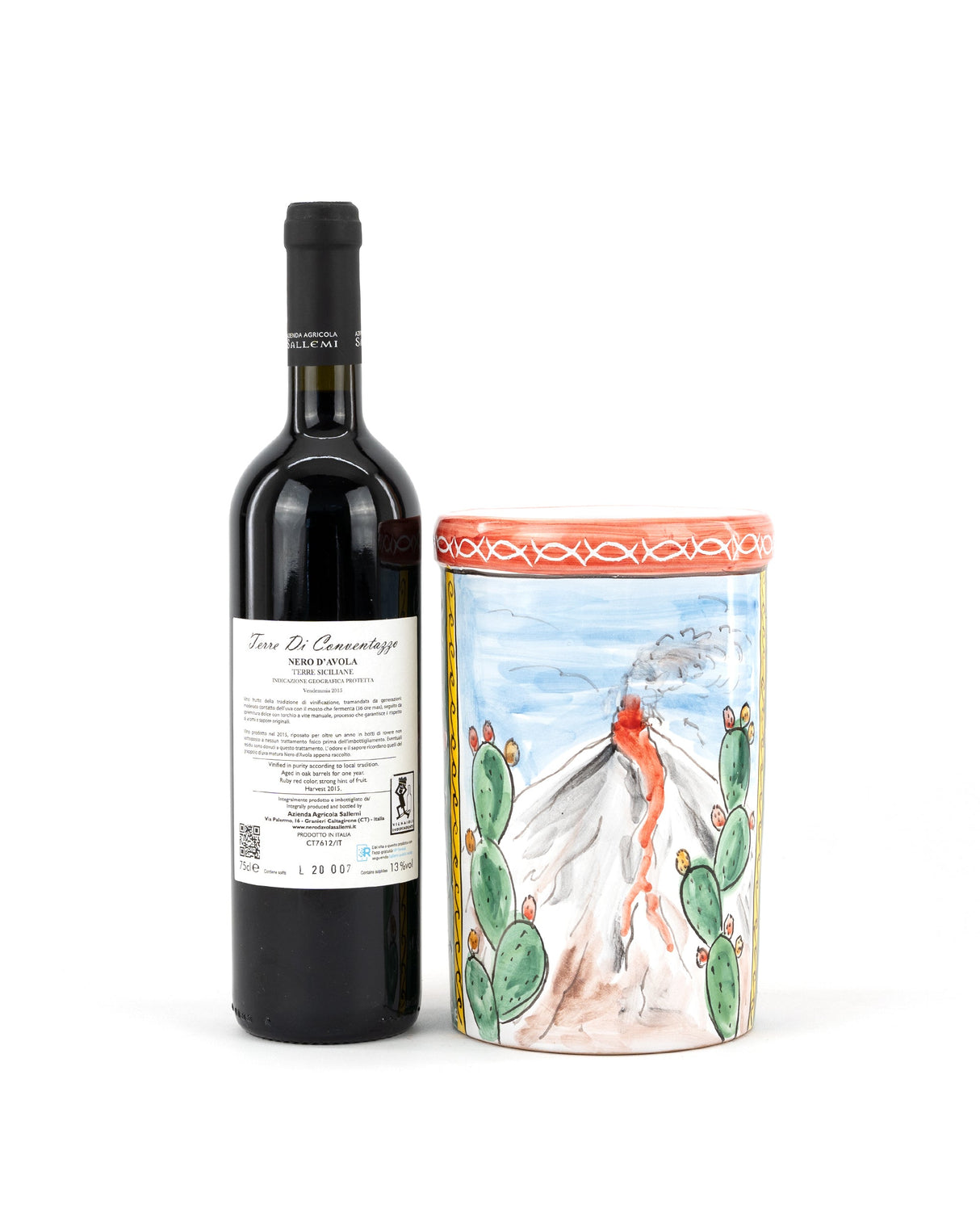 Nero d'Avola IGP e barattolo in ceramica in stile Carretto Siciliano con Paladina