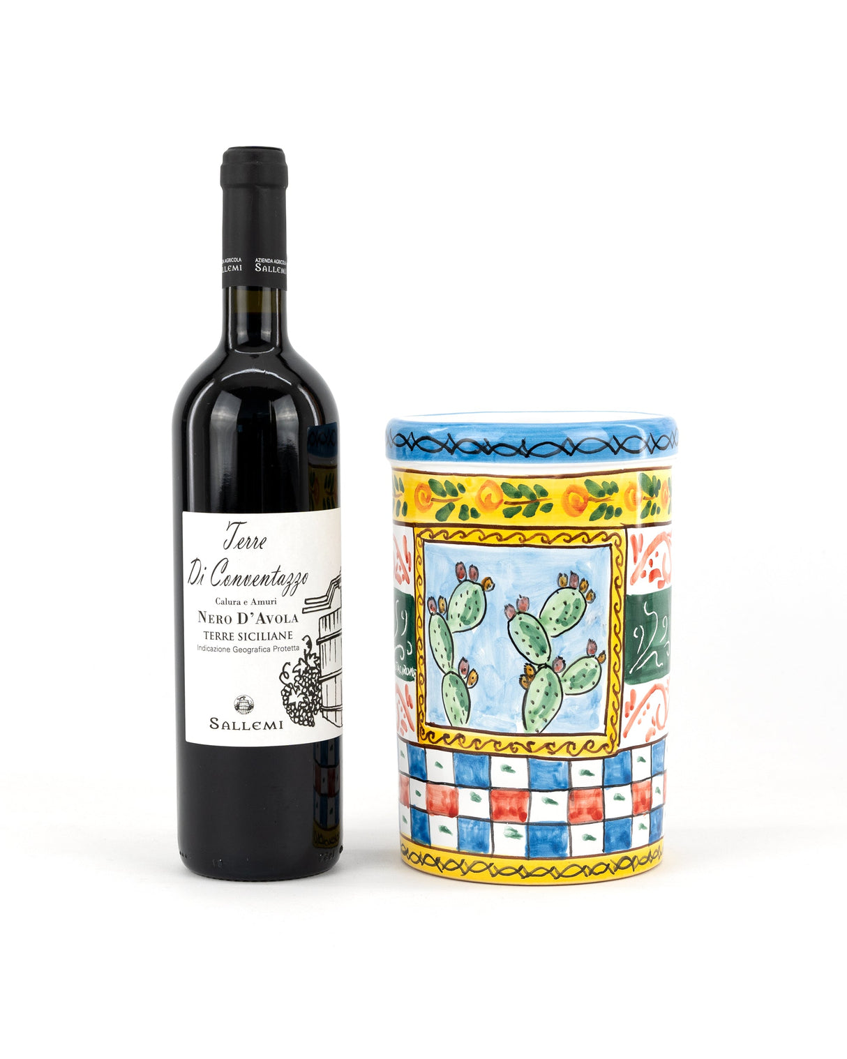 Nero d'Avola IGP e barattolo in ceramica in stile Carretto Siciliano con Fichi d'India