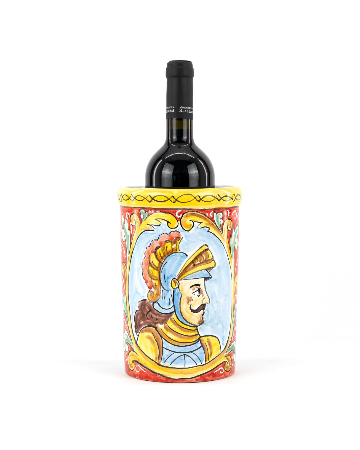 Barattolo in ceramica in stile Carretto Siciliano con Paladino e Nero d'Avola IGP