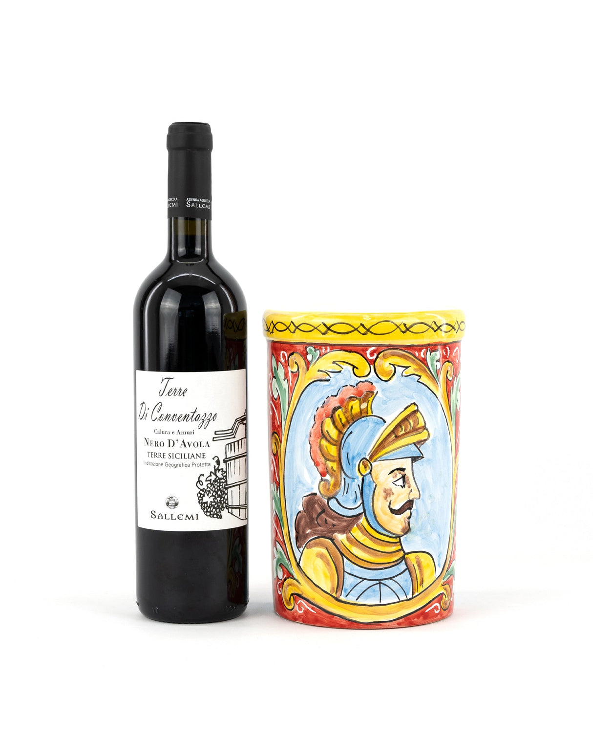 Barattolo in ceramica in stile Carretto Siciliano con Paladino e Nero d'Avola IGP