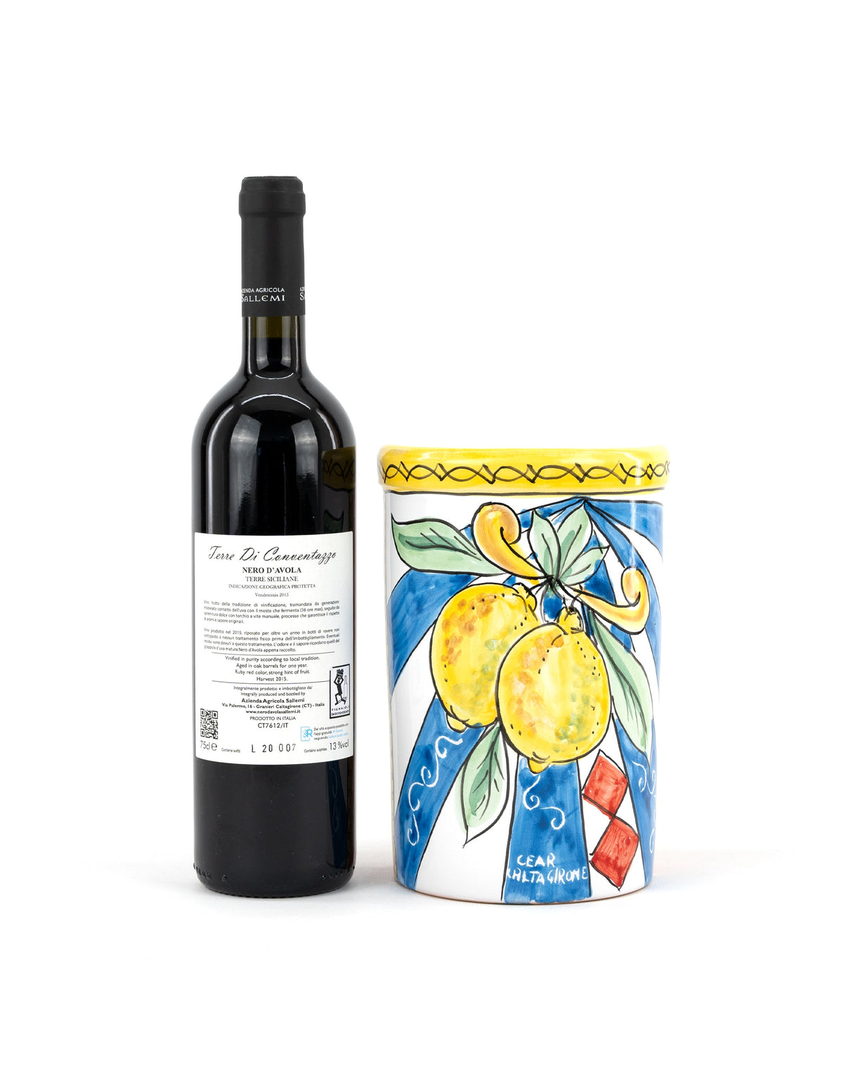 Barattolo in ceramica in stile Carretto Siciliano con Paladino e Nero d'Avola IGP