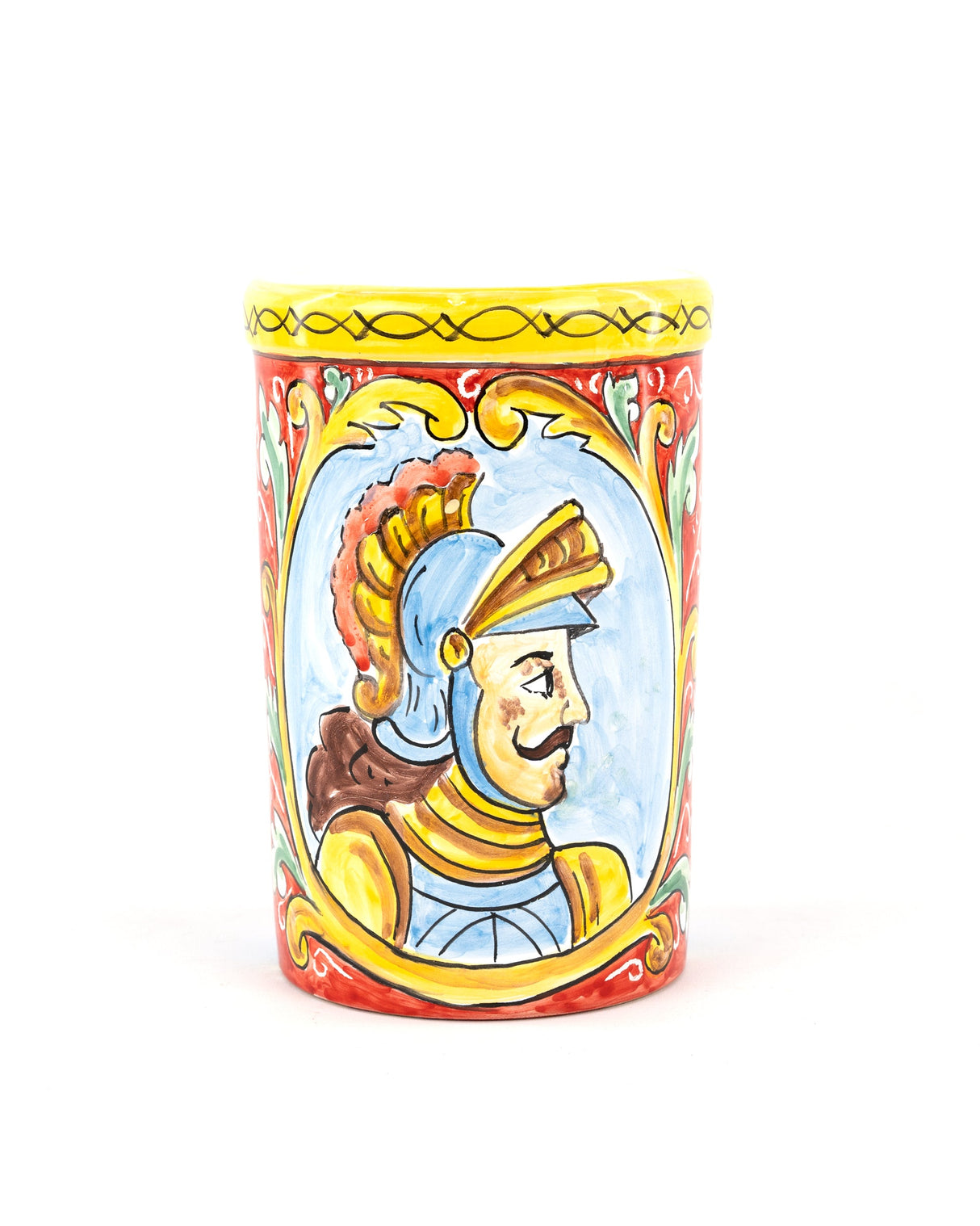 Barattolo in ceramica in stile Carretto Siciliano con Paladino e Nero d'Avola IGP