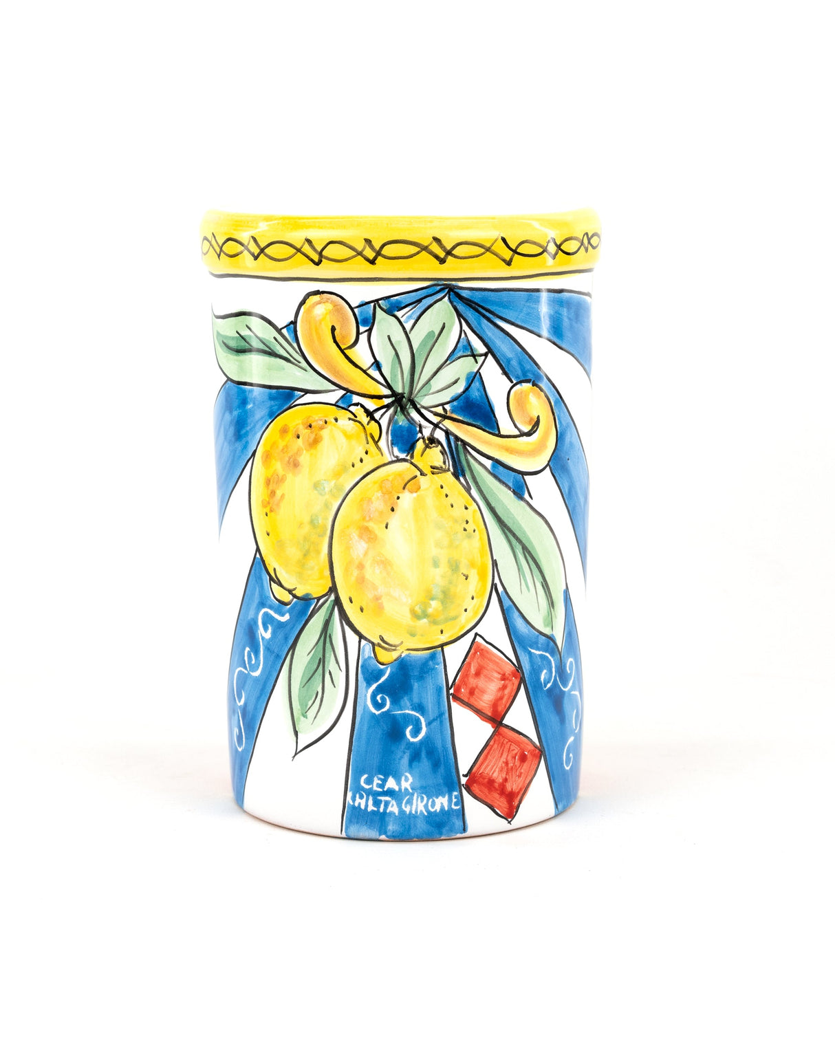 Barattolo in ceramica in stile Carretto Siciliano con Paladino e Nero d'Avola IGP