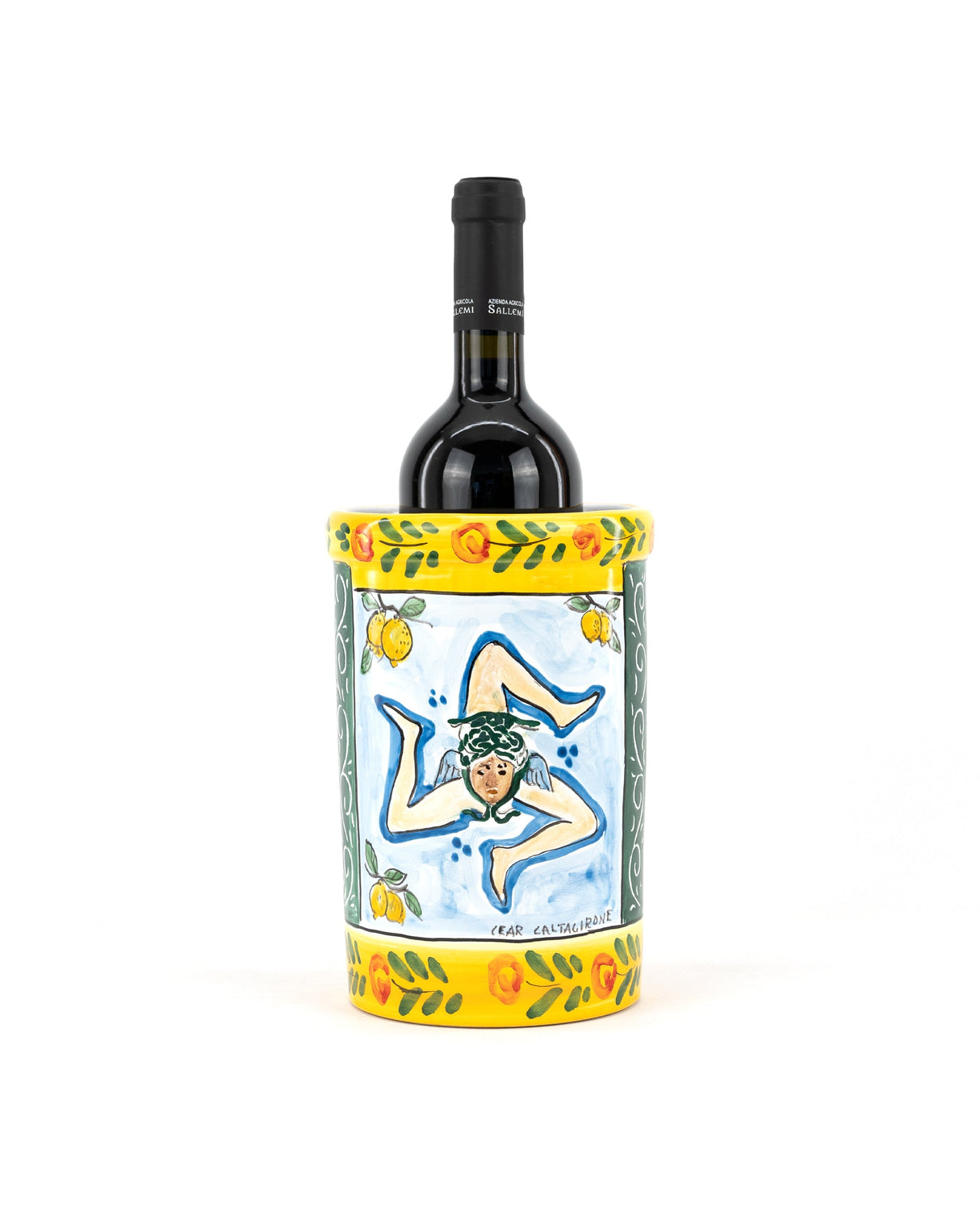 Barattolo in ceramica in stile Carretto Siciliano con Trinacria e Nero d'Avola IGP