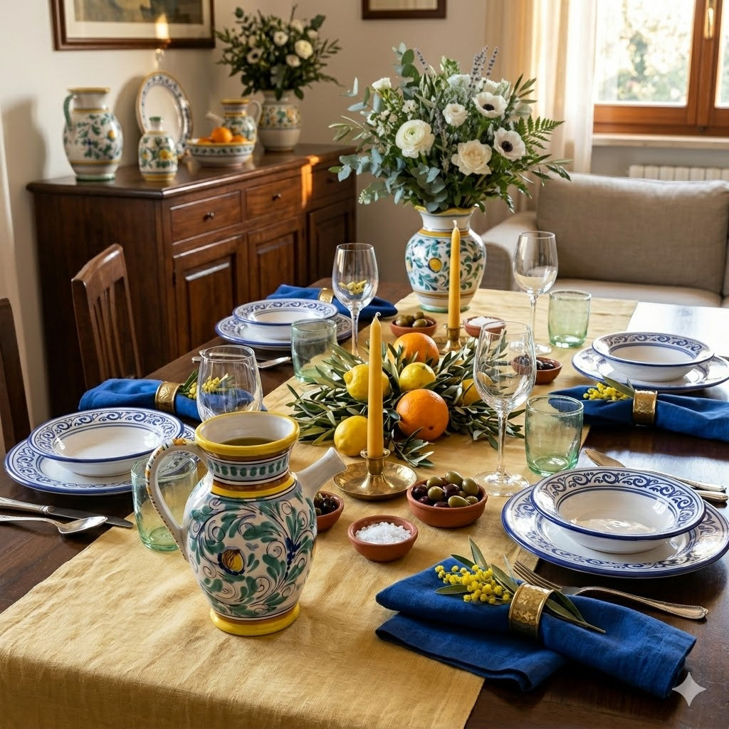 Vaso con manico, quartara ceramica siciliana H 25 decoro '600 GIALLO