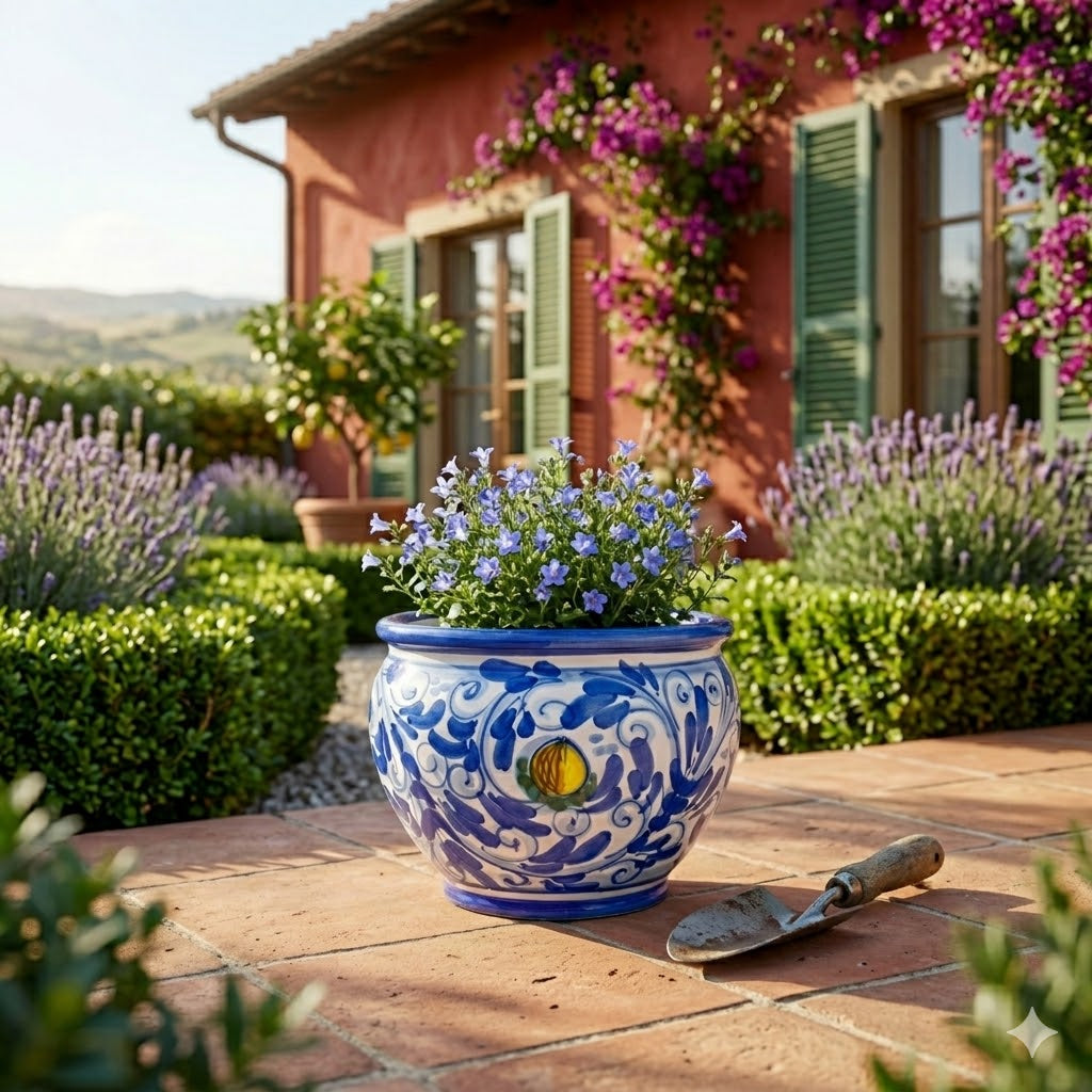 Cache-pot ceramica siciliana Ø 18 decoro '600 BLU