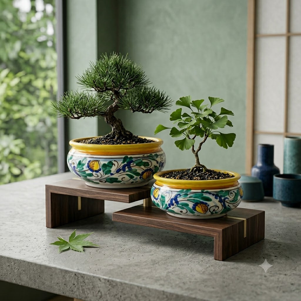 Set due portavasi per bonsai ceramica siciliana Ø 16 e Ø 20 decoro '600 GIALLO