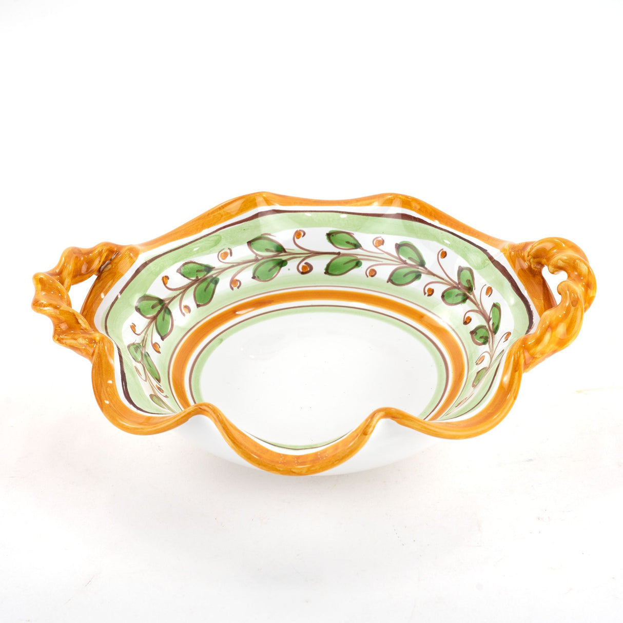Fruttiera smerlata con manico Ø cm 24 in ceramica decoro Acanto