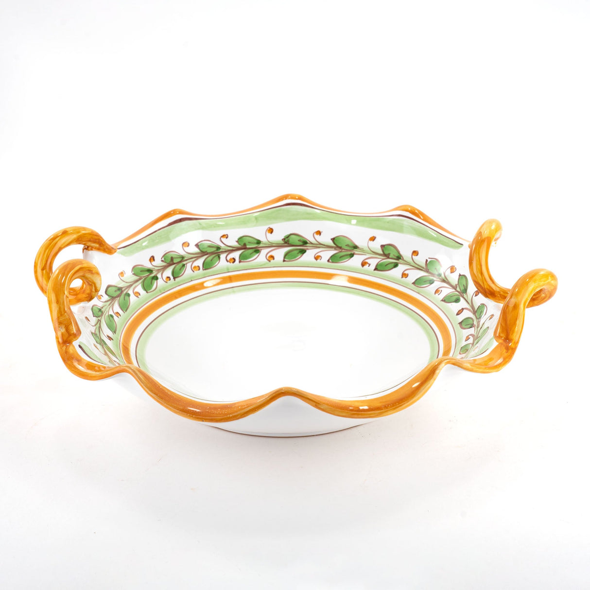 Fruttiera smerlata con manico Ø cm 35 in ceramica decoro Acanto