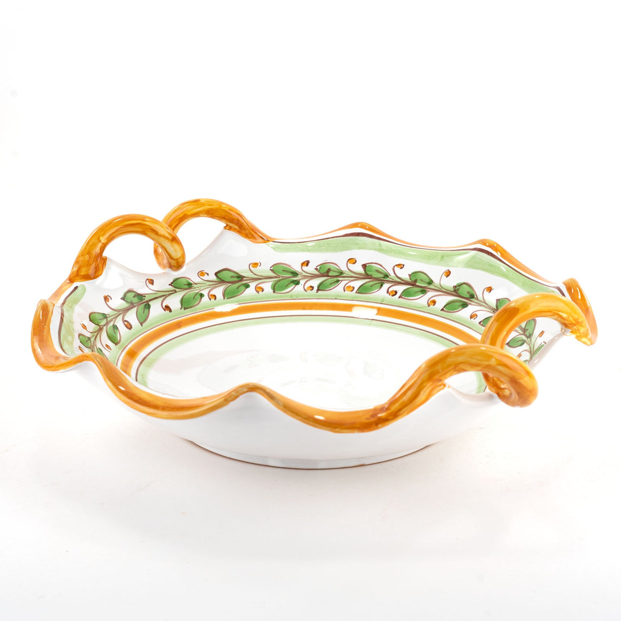 Fruttiera smerlata con manico Ø cm 35 in ceramica decoro Acanto