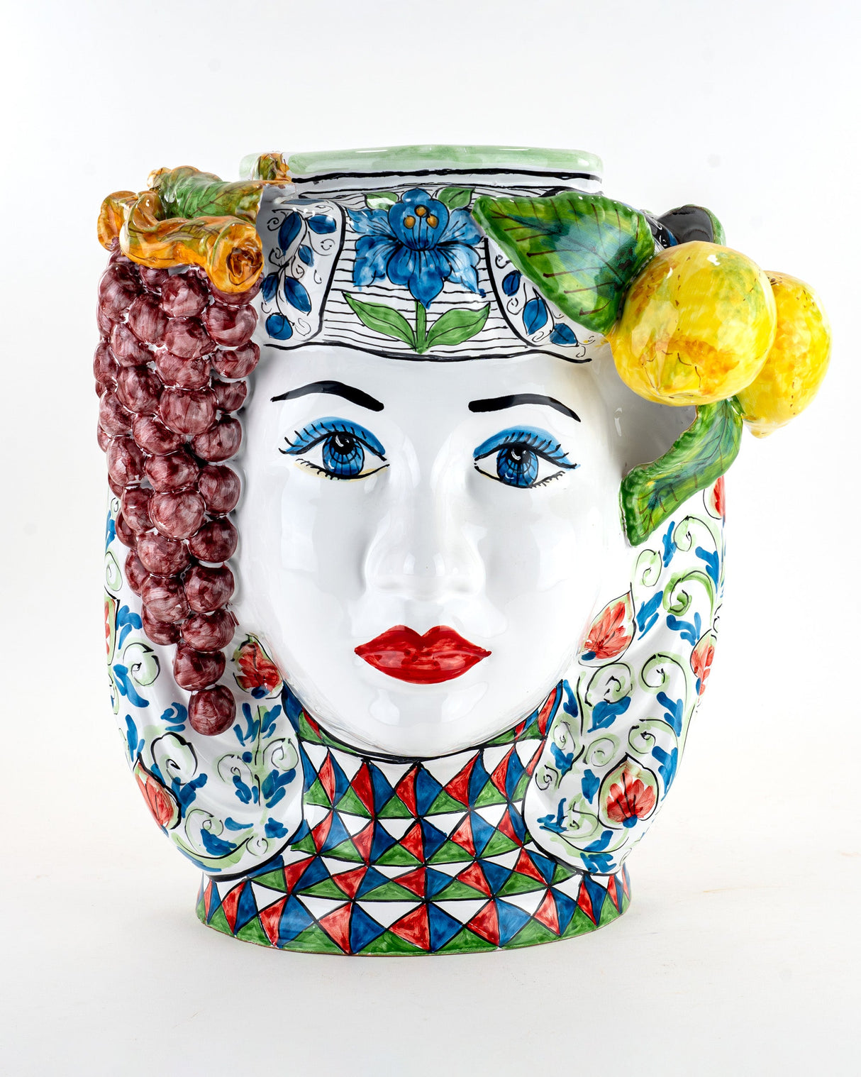 Testa di Moro Donna siciliana H 38 cm in Ceramica di Caltagirone Fatta a Mano Limoni e Uva