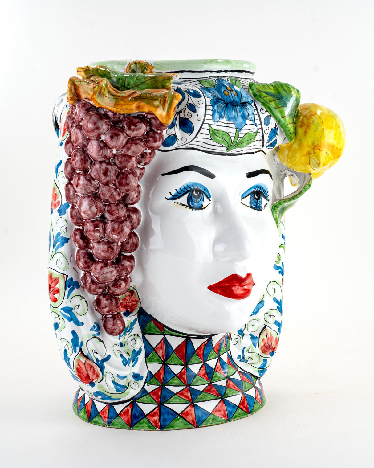 Testa di Moro Donna siciliana H 38 cm in Ceramica di Caltagirone Fatta a Mano Limoni e Uva