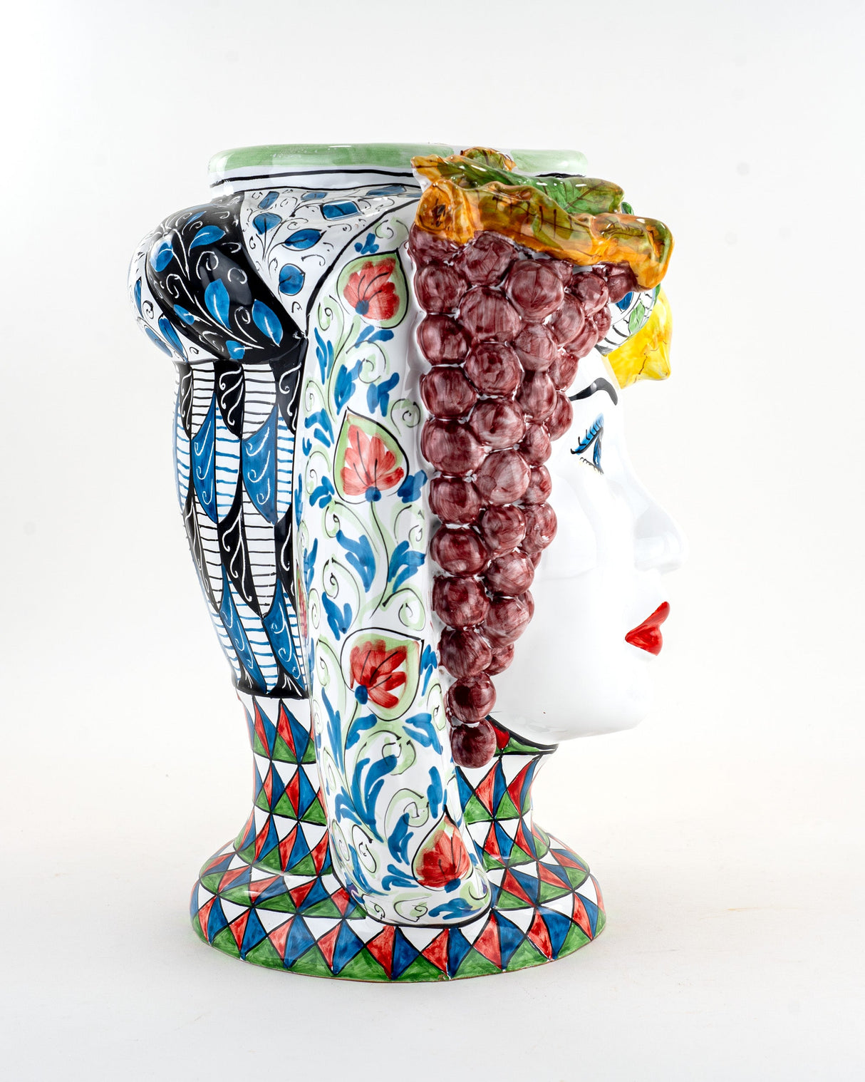 Testa di Moro Donna siciliana H 38 cm in Ceramica di Caltagirone Fatta a Mano Limoni e Uva