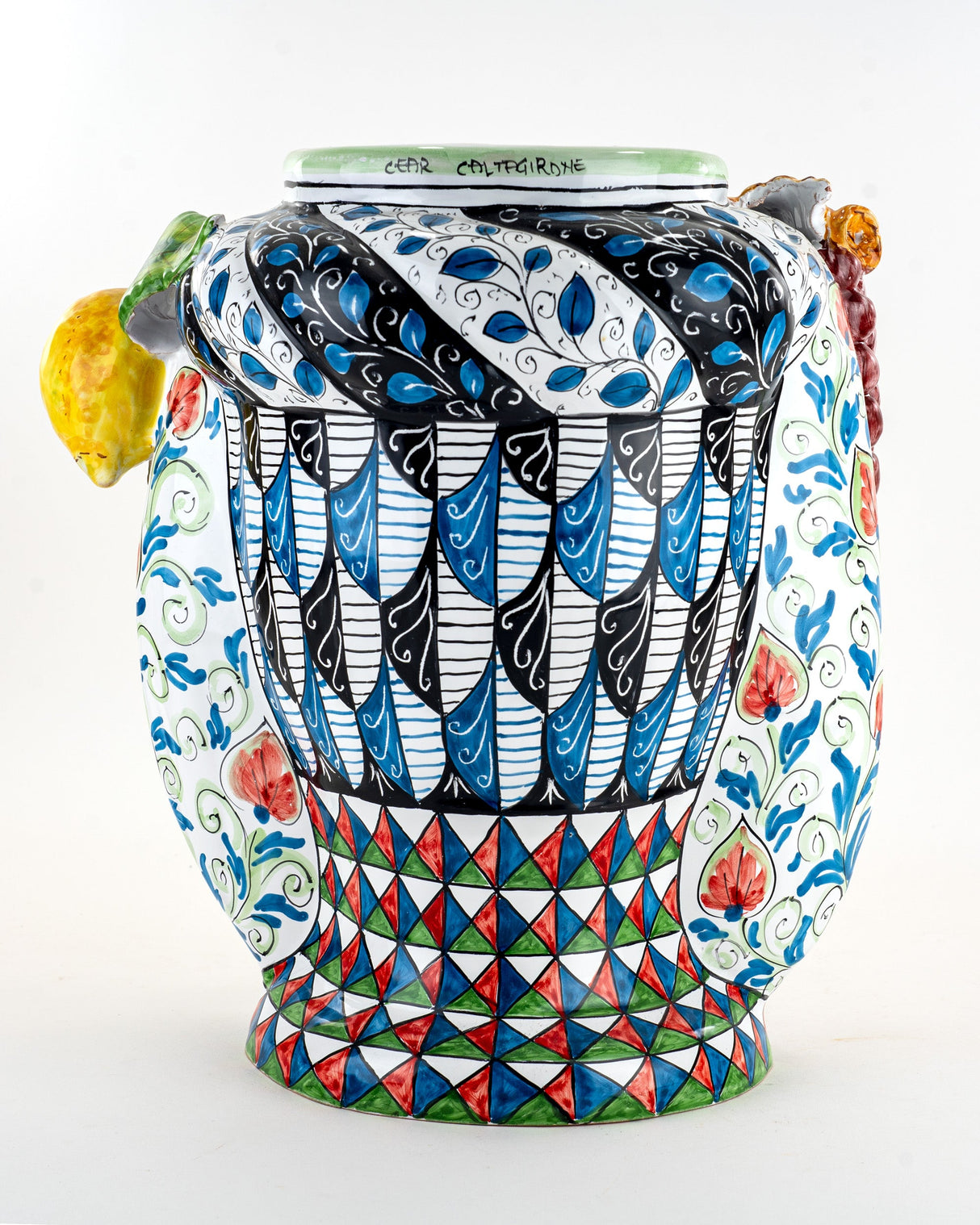 Testa di Moro Donna siciliana H 38 cm in Ceramica di Caltagirone Fatta a Mano Limoni e Uva