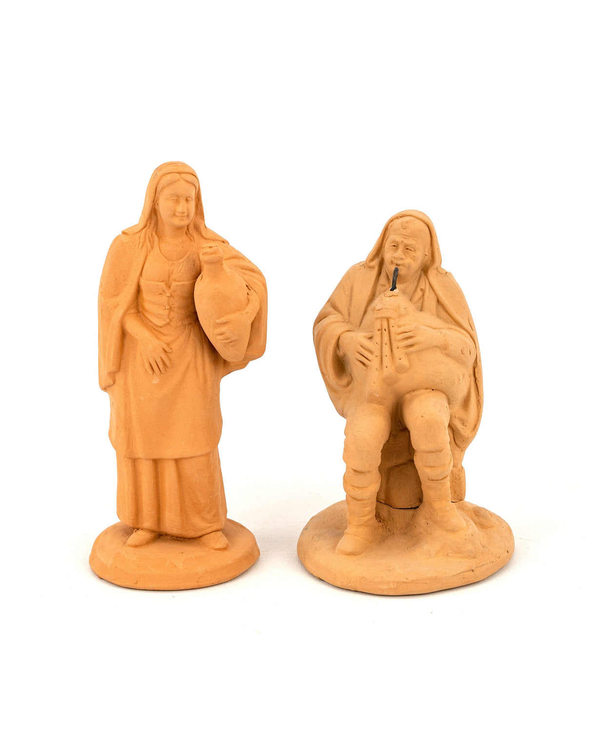 2 Personaggi Presepe, Statuina in terracotta zampognaro + donna con quartara, presepe in ceramica di Caltagirone fatto a mano
