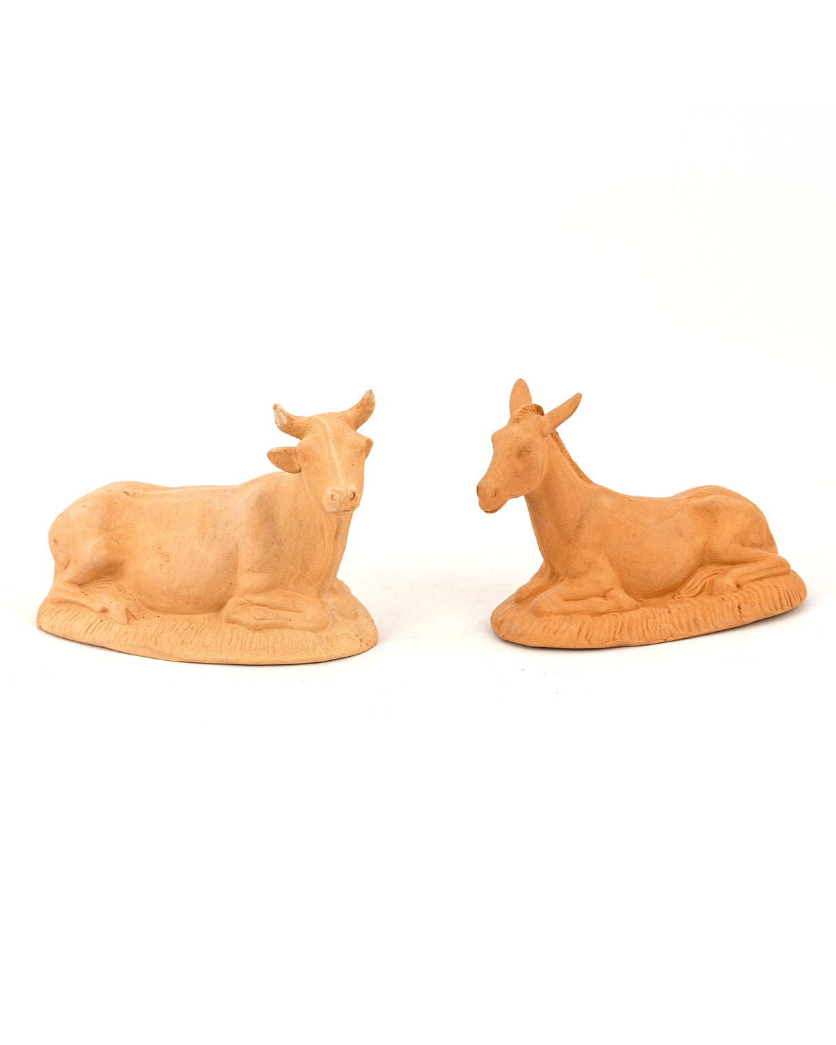 Statuine Presepe in terracotta, Bue e Asinello in ceramica di Caltagirone fatte a mano