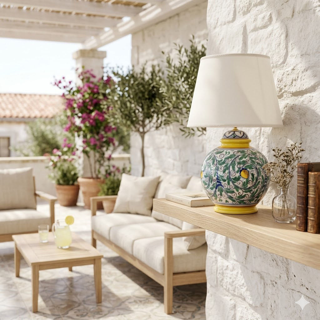 Lume, lampada da tavolo ceramica siciliana H 43 decoro '600 GIALLO