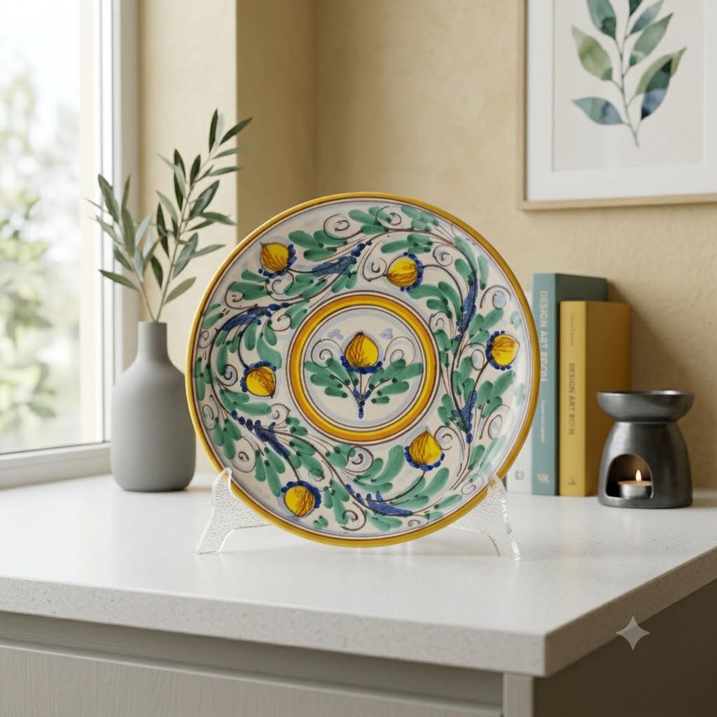 Piatto ornamentale ceramica siciliana Ø 20 decoro '600 GIALLO