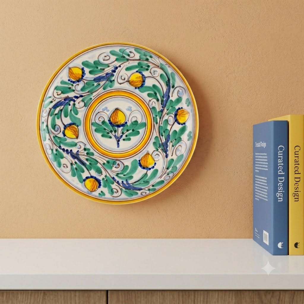 Piatto ornamentale ceramica siciliana Ø 20 decoro '600 GIALLO
