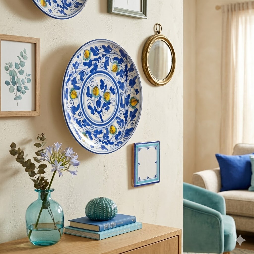 Piatto ornamentale ceramica siciliana Ø 25 decoro '600 BLU