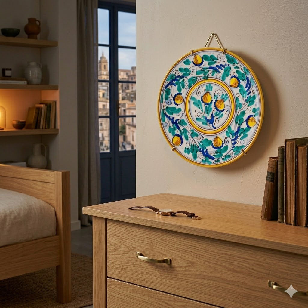 Piatto ornamentale ceramica siciliana Ø 25 decoro '600 GIALLO