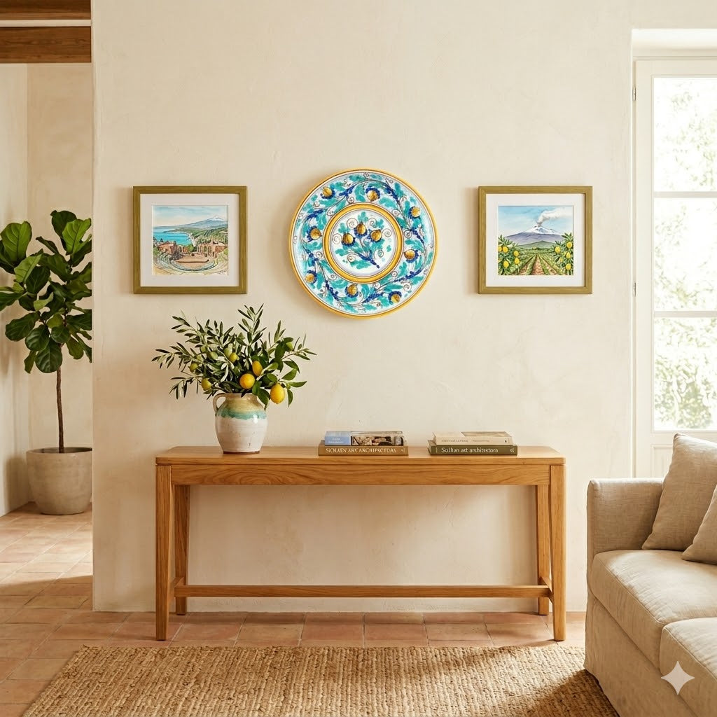 Piatto ornamentale ceramica siciliana Ø 30 decoro '600 GIALLO