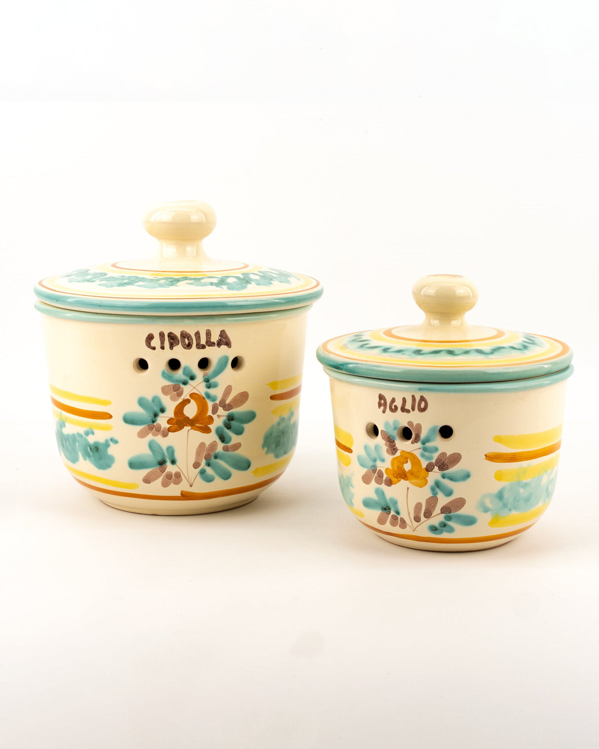 2 Contenitori per aglio e cipolla in ceramica siciliana di Caltagirone