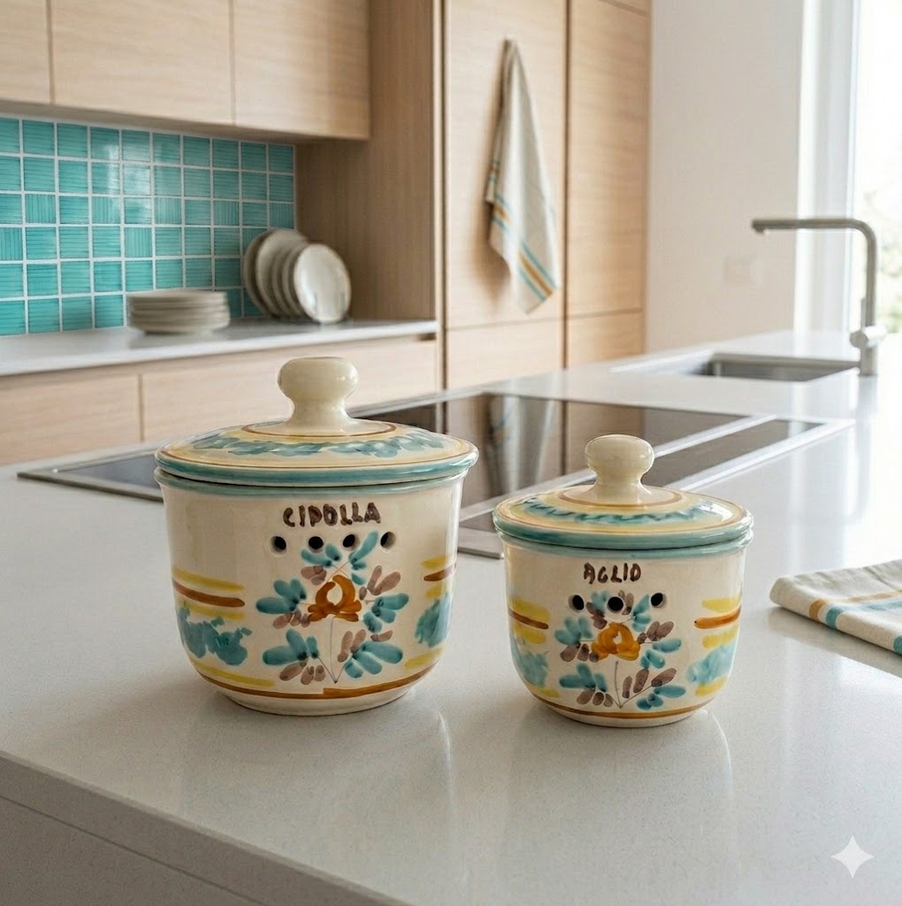 2 Contenitori per aglio e cipolla in ceramica siciliana decoro ROSANTICA