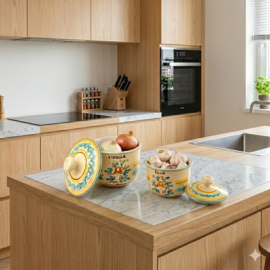2 Contenitori per aglio e cipolla in ceramica siciliana decoro ROSANTICA