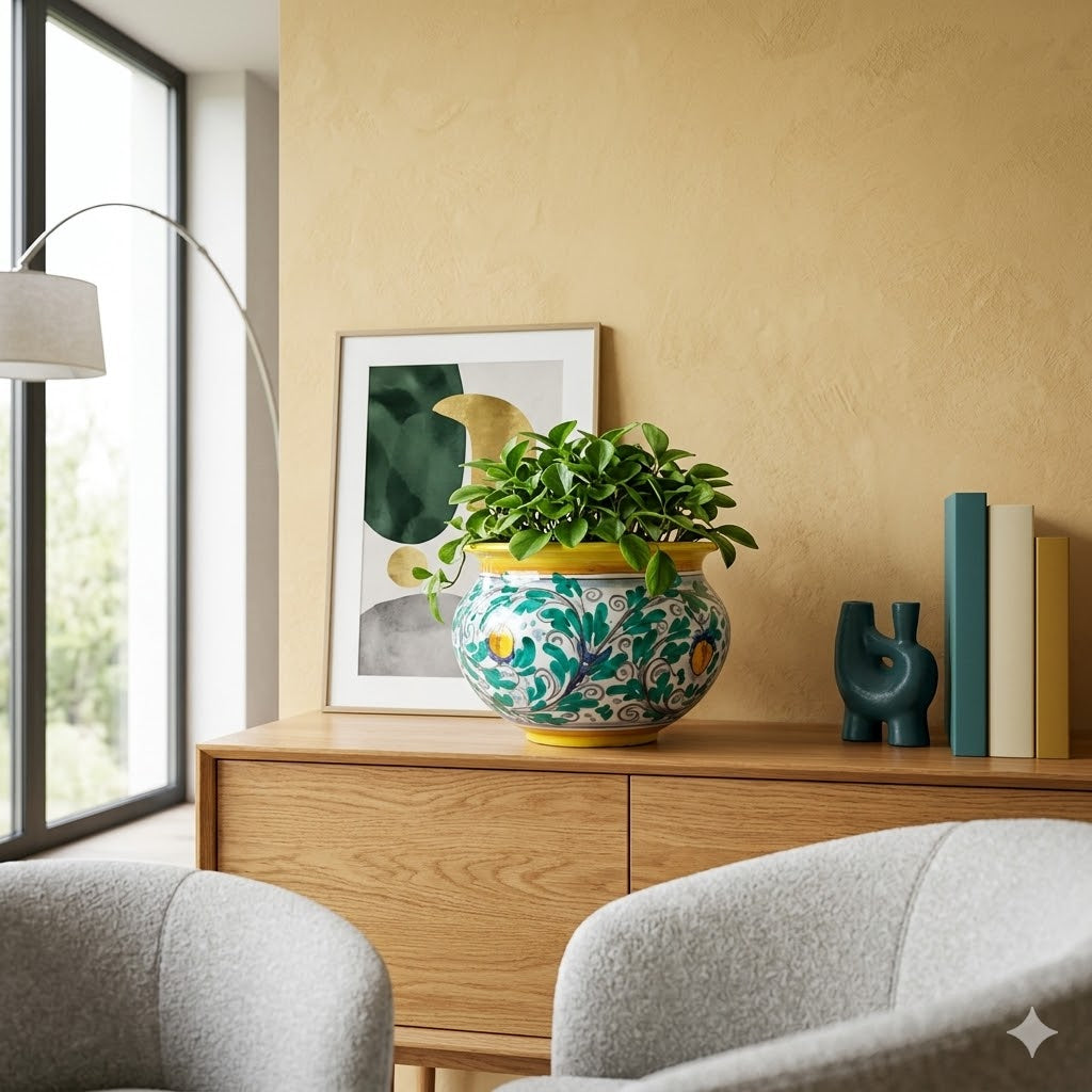 Portavaso ceramica siciliana Ø 27 decoro '600 GIALLO