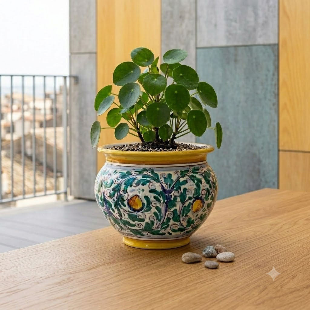 Portavaso ceramica siciliana Ø 34 decoro '600 GIALLO