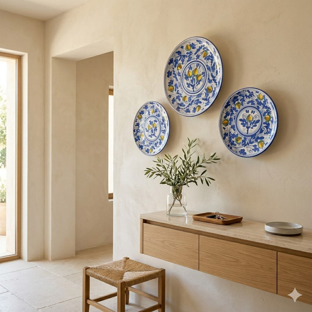 Set di tre piatti murali ornamentali ceramica siciliana decoro '600 BLU