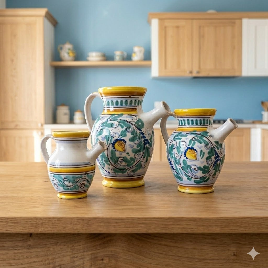 Set di tre vasi con manico, quartare ceramica siciliana Ø10, Ø14, Ø18 decoro '600 GIALLO