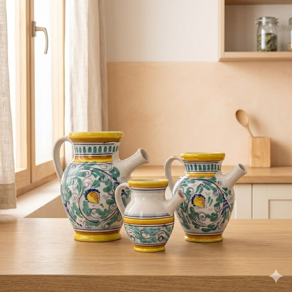 Set di tre vasi con manico, quartare ceramica siciliana Ø10, Ø14, Ø18 decoro '600 GIALLO