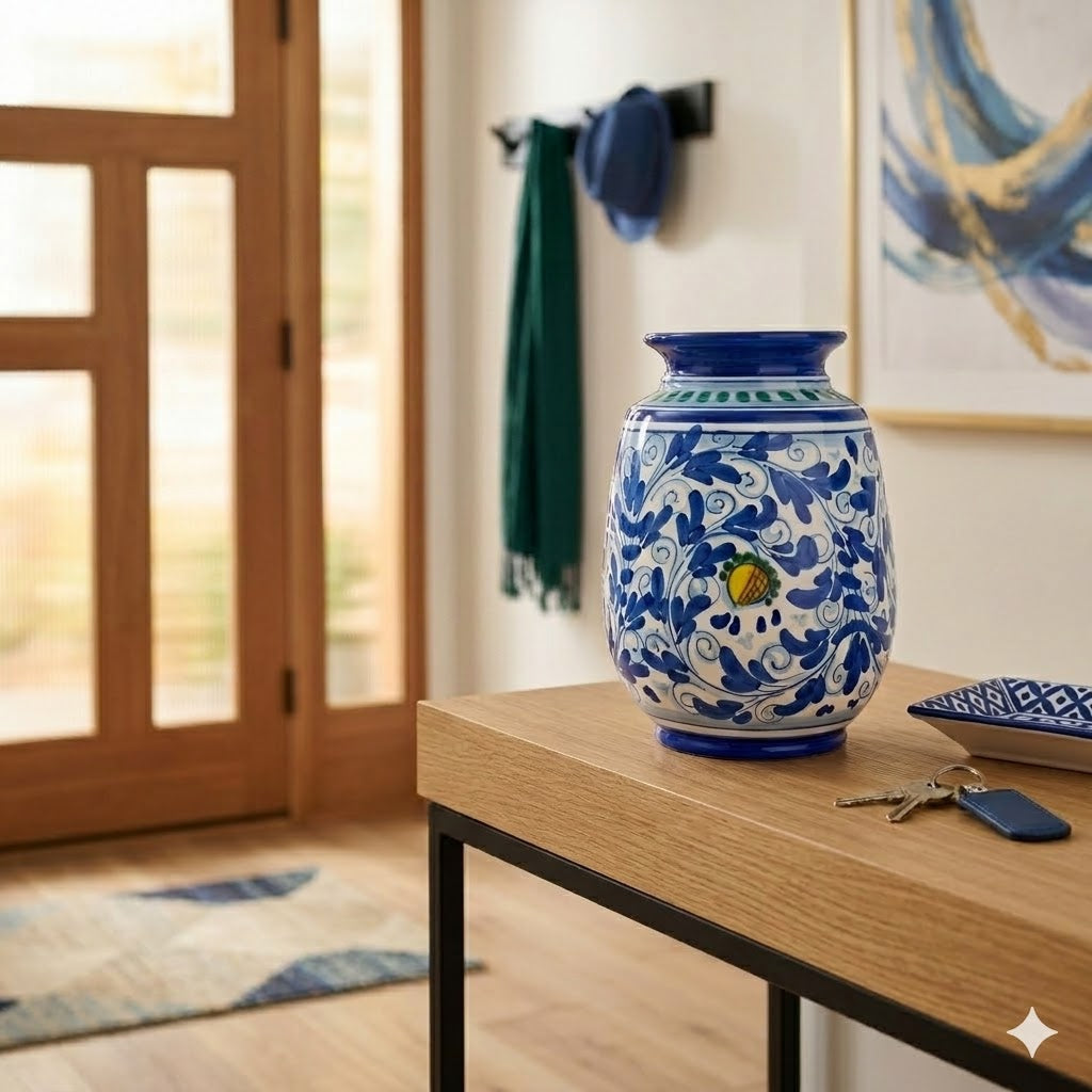 Vaso ornamentale ceramica siciliana H 25 decoro '600 BLU