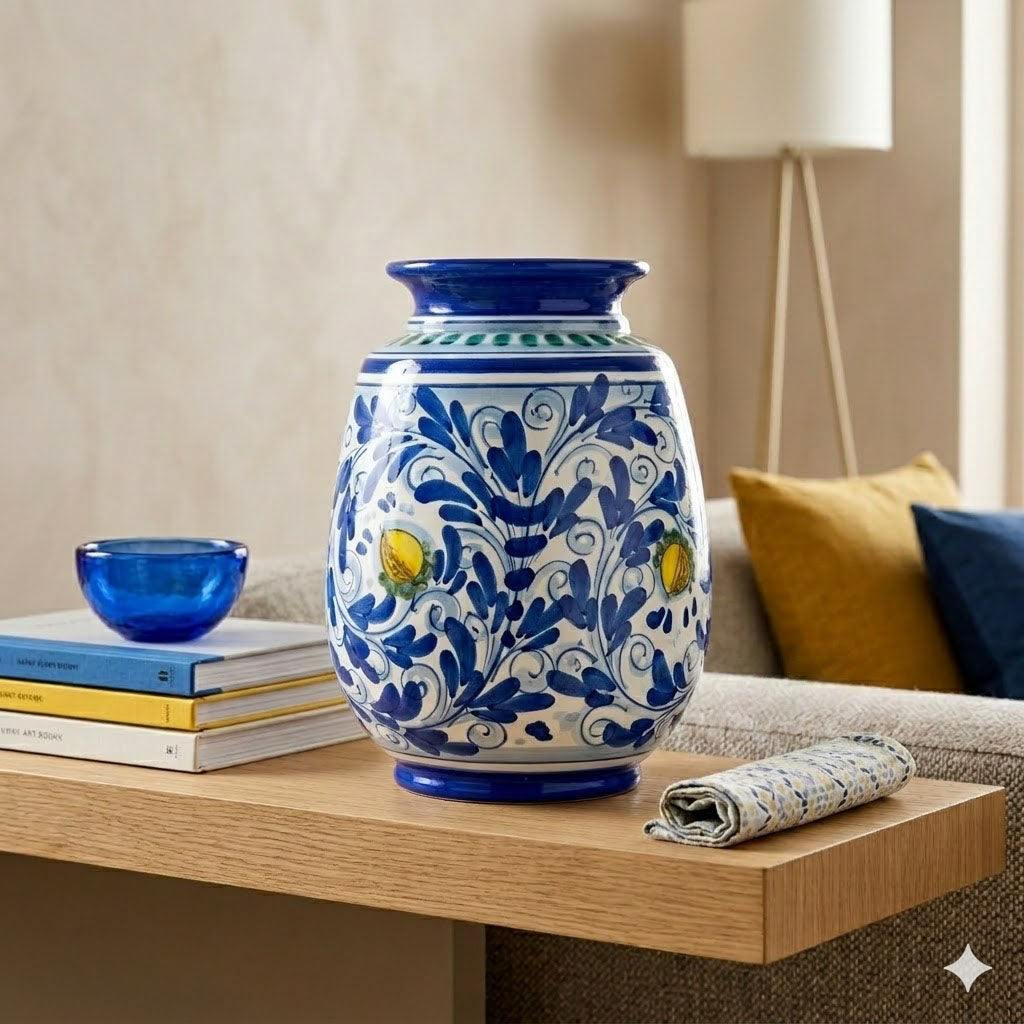Vaso ornamentale ceramica siciliana H 25 decoro '600 BLU
