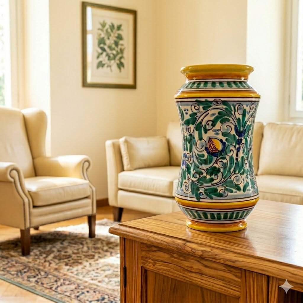 Vaso ornamentale tipo farmacia ceramica siciliana H 30 decoro '600 GIALLO