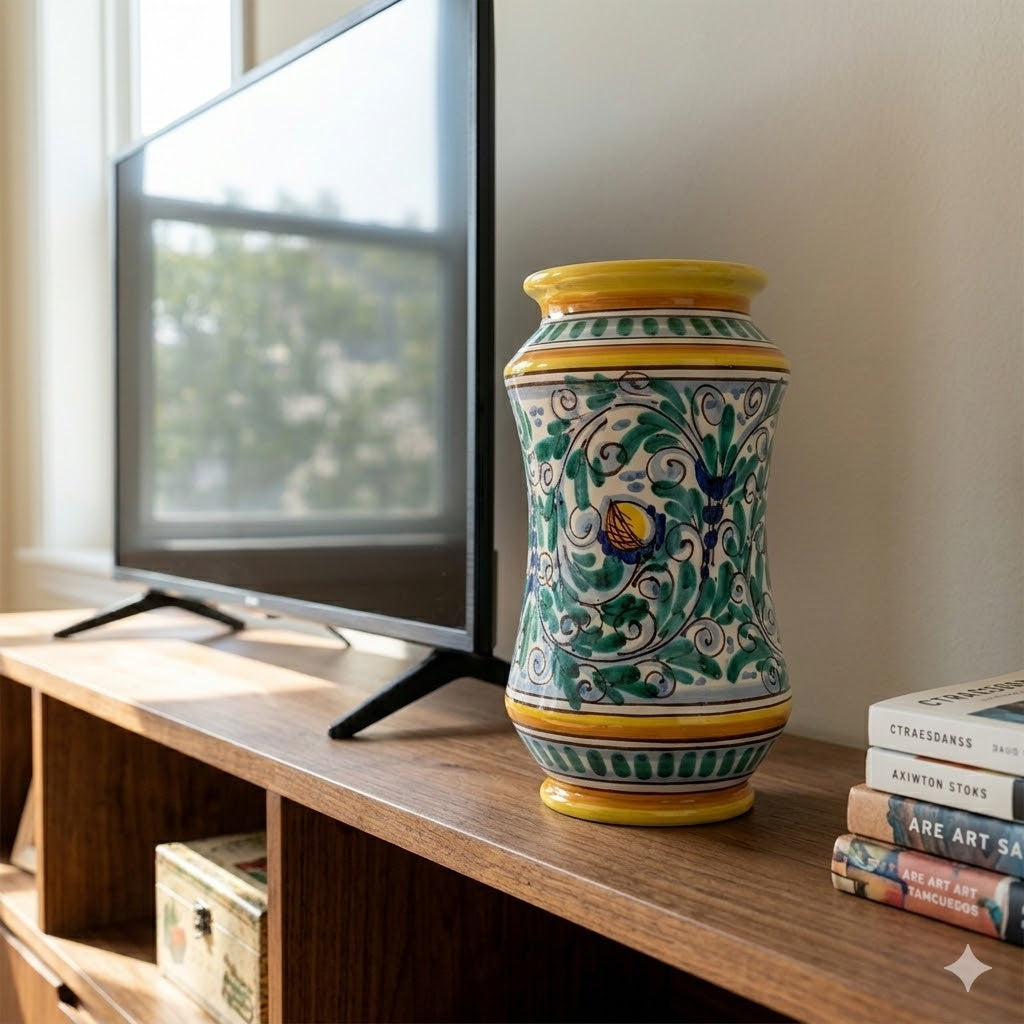 Vaso ornamentale tipo farmacia ceramica siciliana H 30 decoro '600 GIALLO