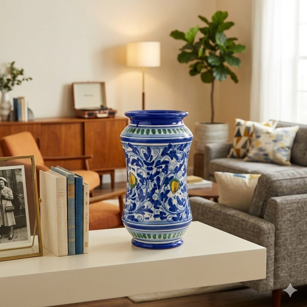Vaso ornamentale tipo farmacia ceramica siciliana H 30 decoro '600 BLU