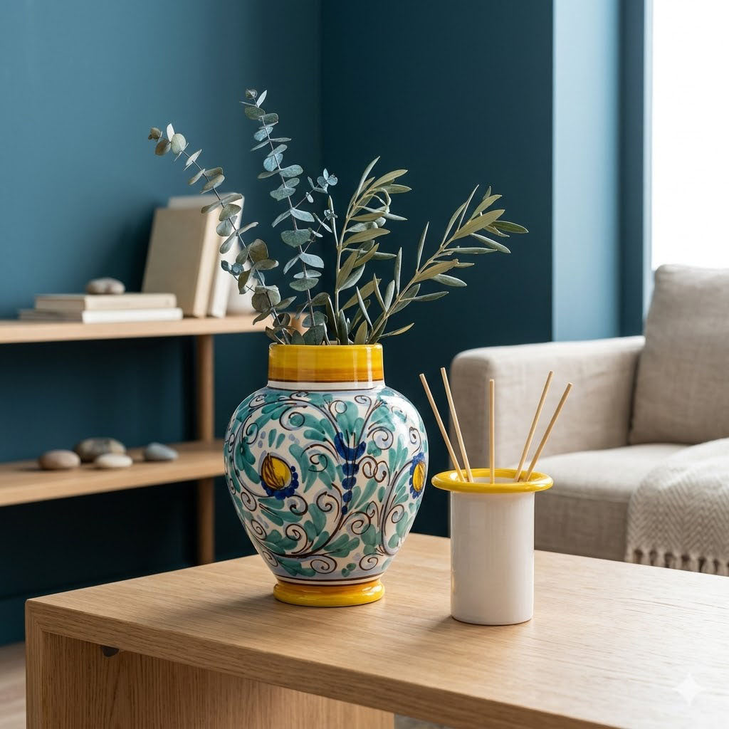 Vaso ornamentale porta essenze con contenitore ceramica siciliana H 20,5 decoro '600 giallo