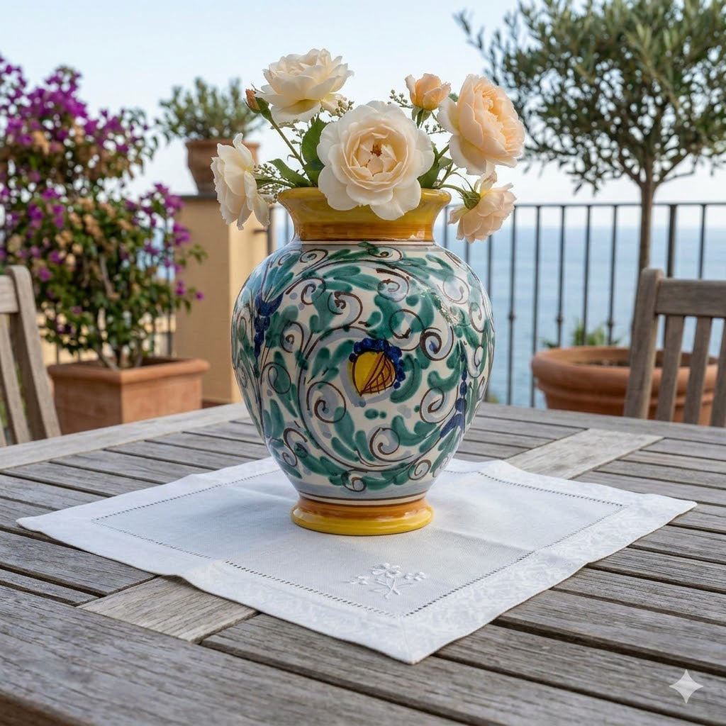 Vaso portafiori ceramica siciliana H 25 decoro '600 GIALLO