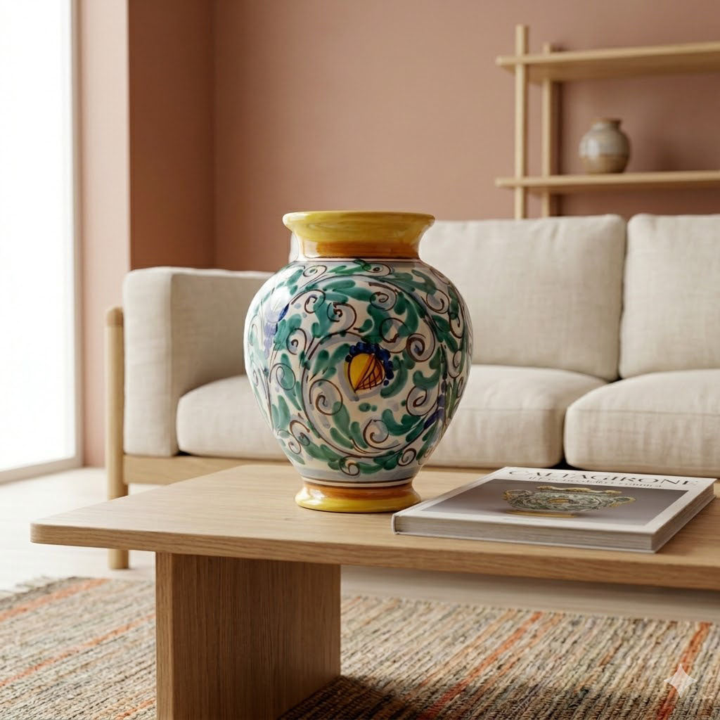 Vaso portafiori ceramica siciliana H 25 decoro '600 GIALLO