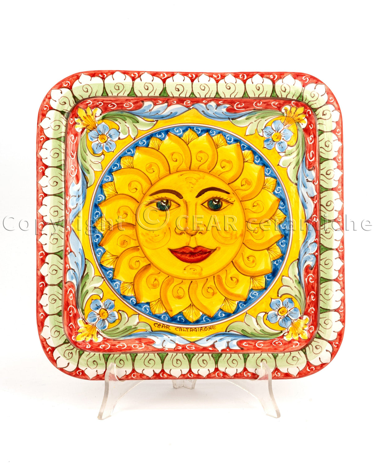 Vassoio quadrato in ceramica di Caltagirone in stile Carretto Siciliano con Sole