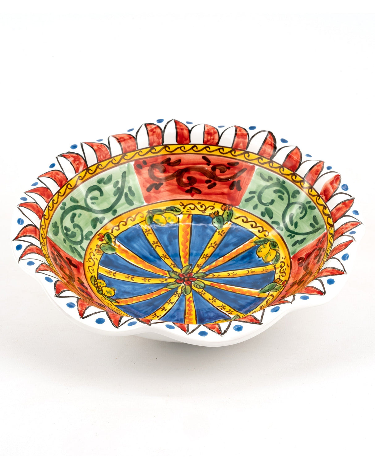 Sicilian ceramic fruit bowl in Sicilian Cart style with Cart Wheel decoration