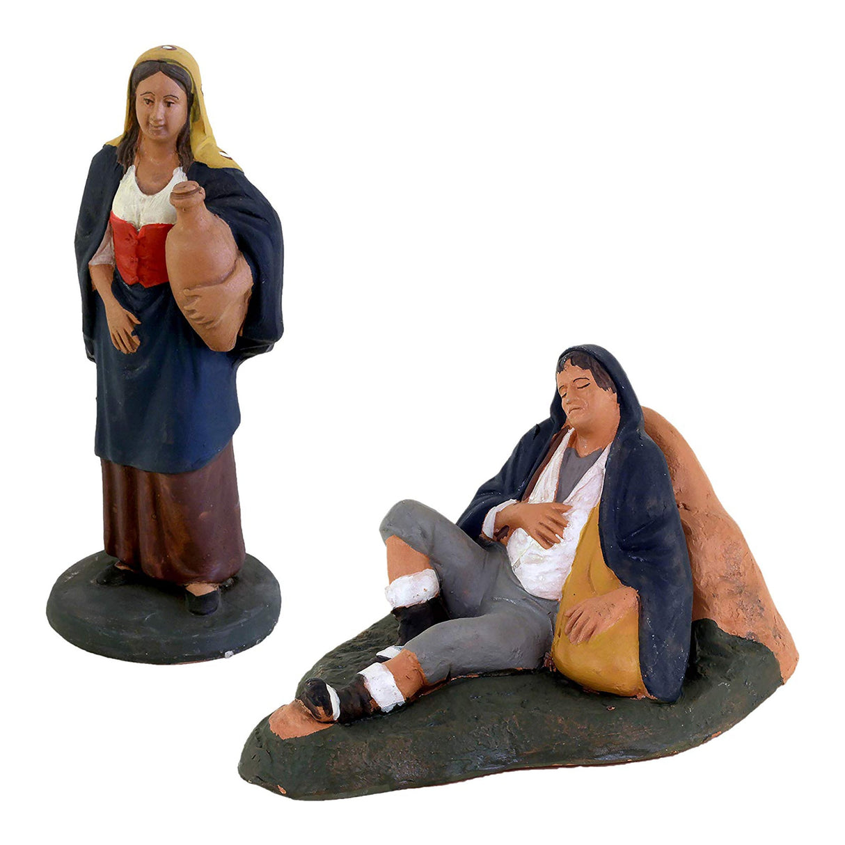 2 Personaggi Presepe, Statuina in terracotta pastore dormiente + donna con quartara, presepe in ceramica di Caltagirone fatto a mano