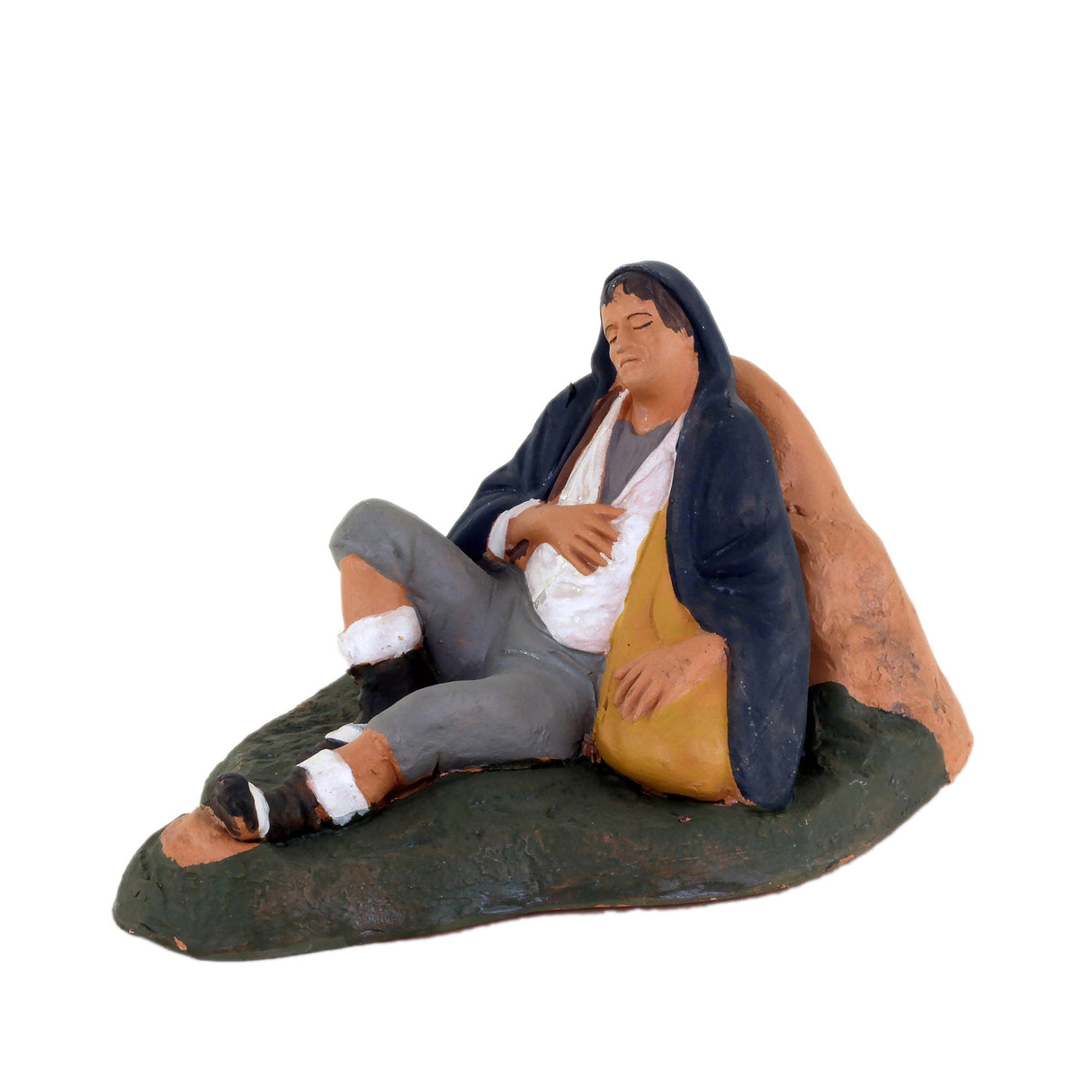 2 Personaggi Presepe, Statuina in terracotta pastore dormiente + donna con quartara, presepe in ceramica di Caltagirone fatto a mano