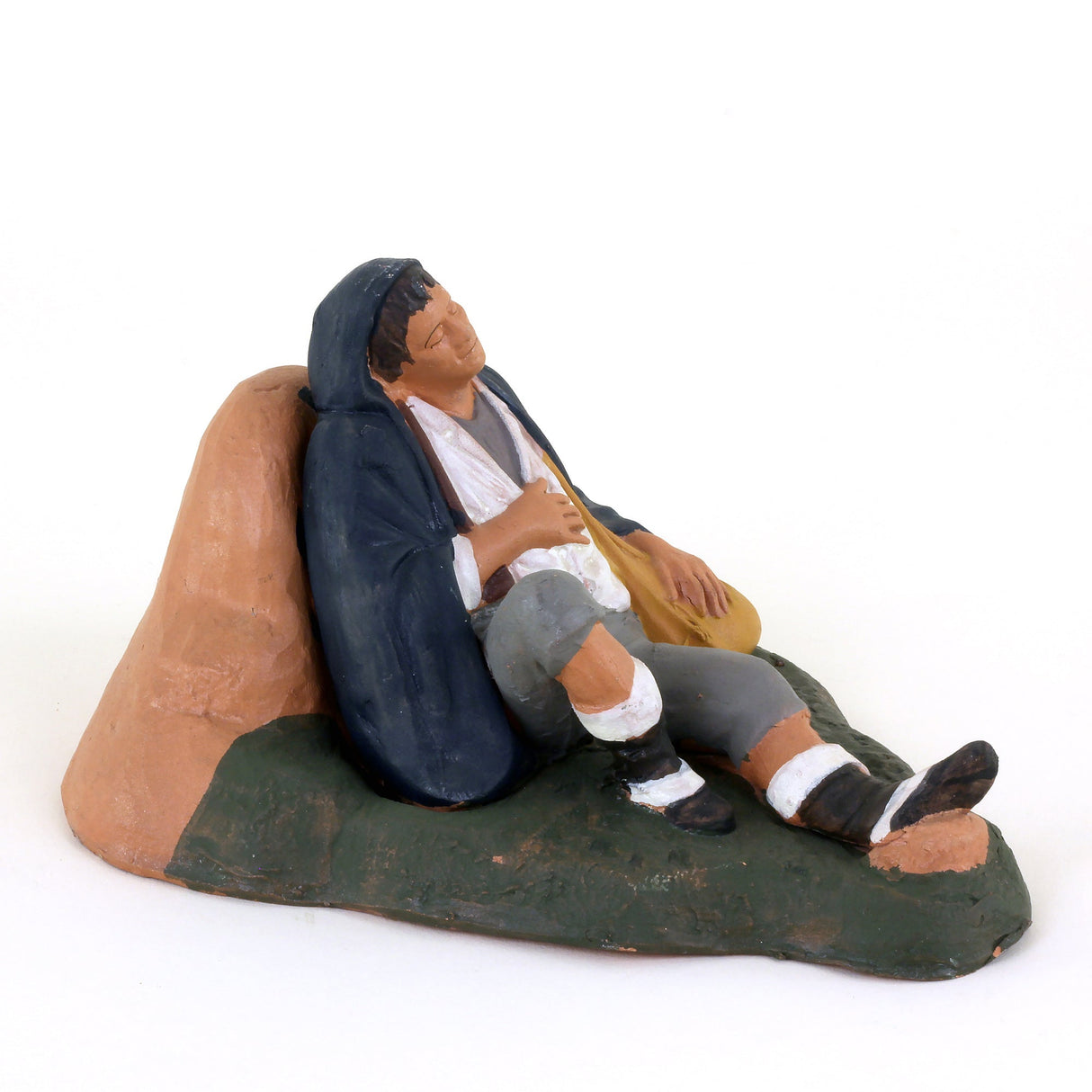 2 Personaggi Presepe, Statuina in terracotta pastore dormiente + donna con quartara, presepe in ceramica di Caltagirone fatto a mano