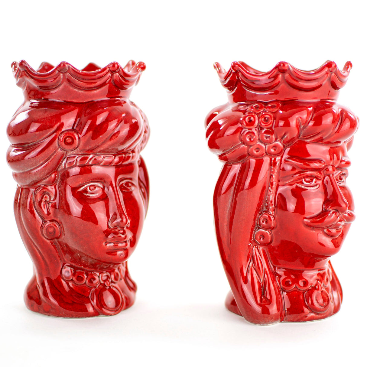 Coppia Teste di moro rosse ceramica di Caltagirone H cm 17